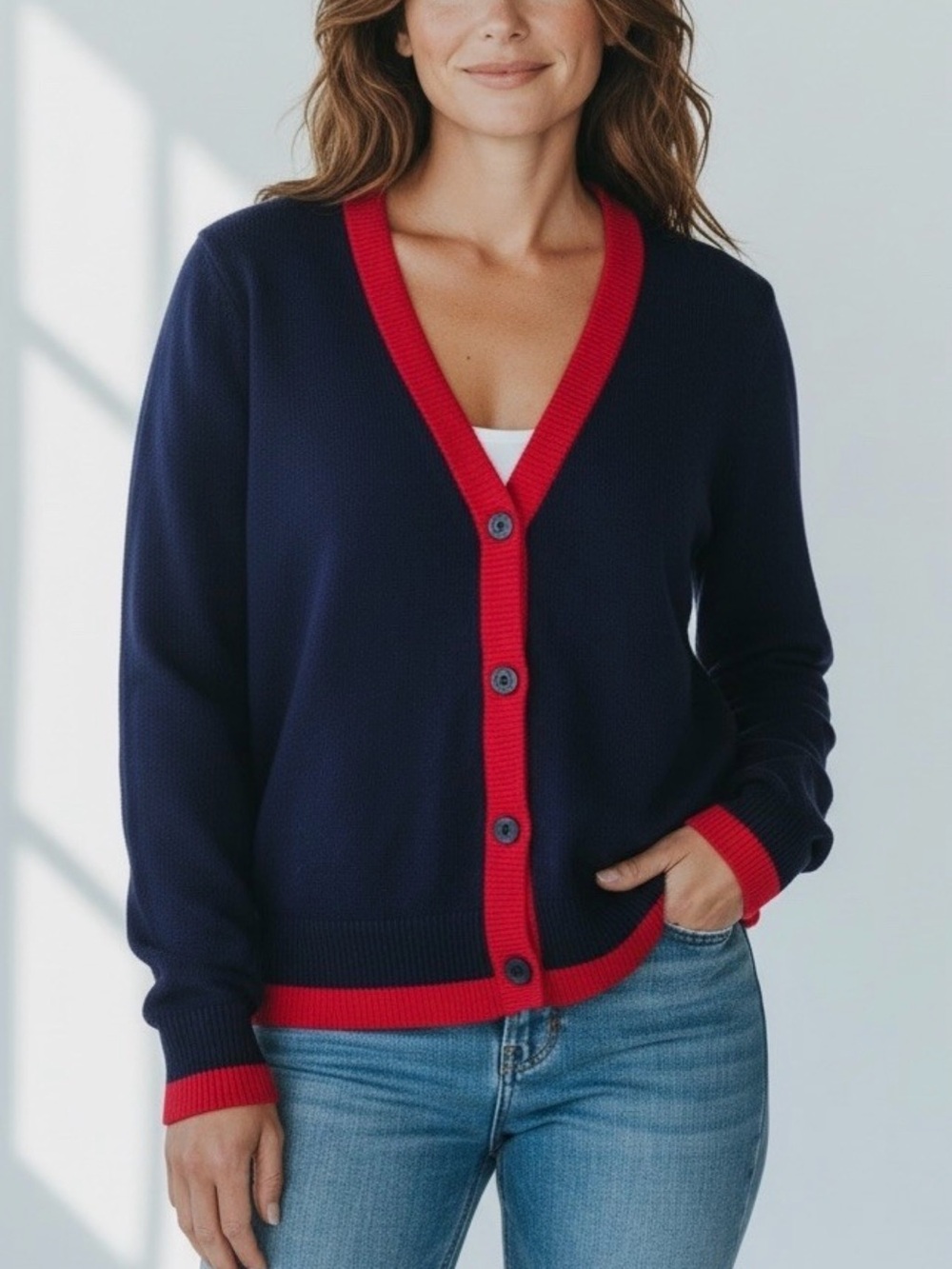 Boden Alma Contrast Trim Cardigan Navy & Red Scarlet Flame V-Neck Size S